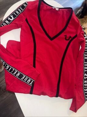 True Religion Women's Red V-Neck Long Sleeve DRESS